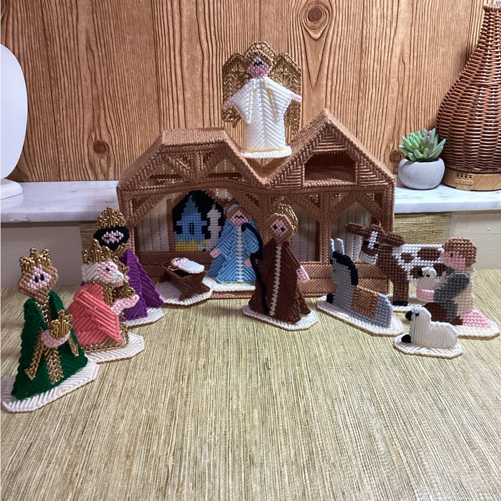 Handcrafted Plastic Canvas Nativity Set in Brown, White, and Multicolor